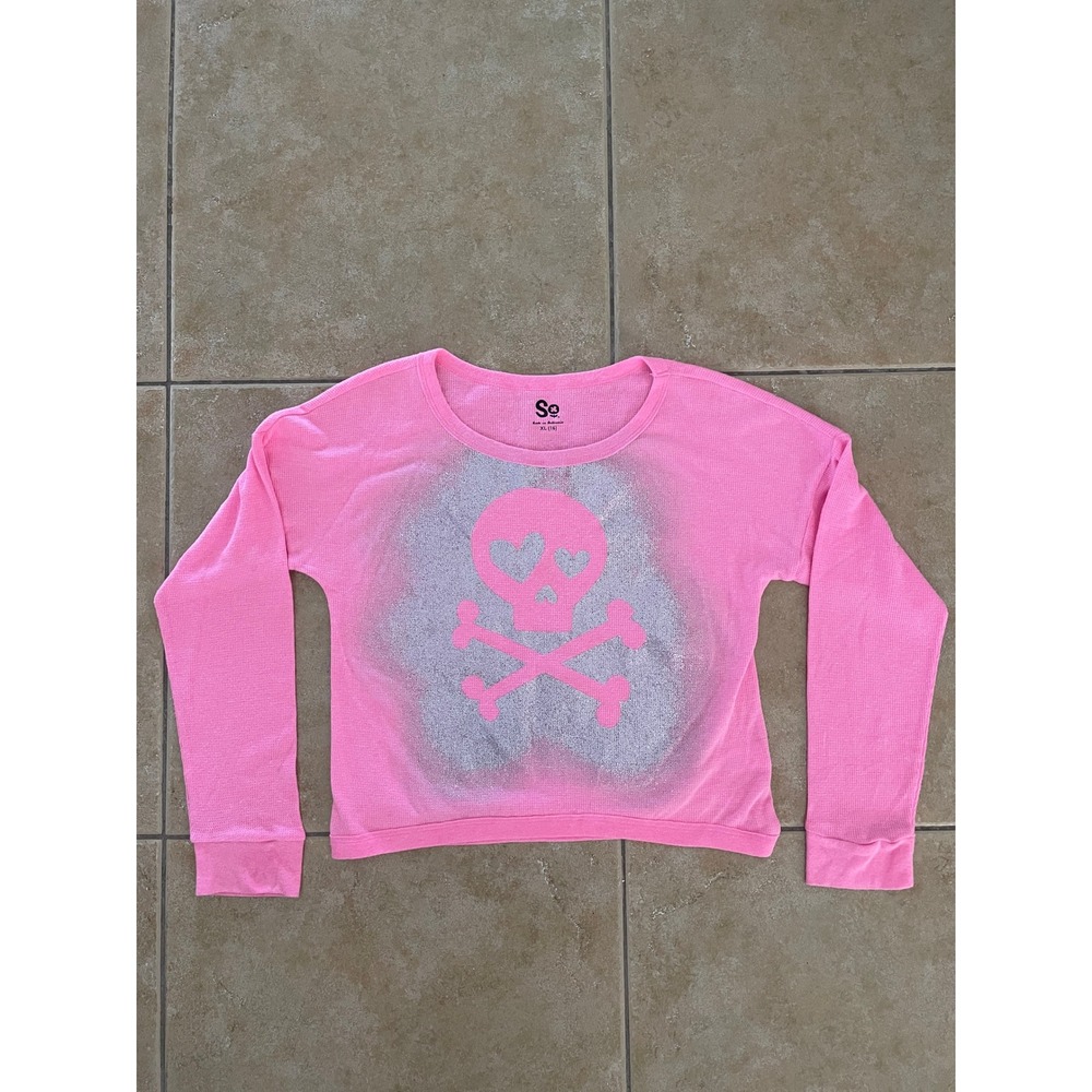 SO Girls Pink Waffle Knit Thermal Long Sleeve Skull Heart Graphic Top XL 16